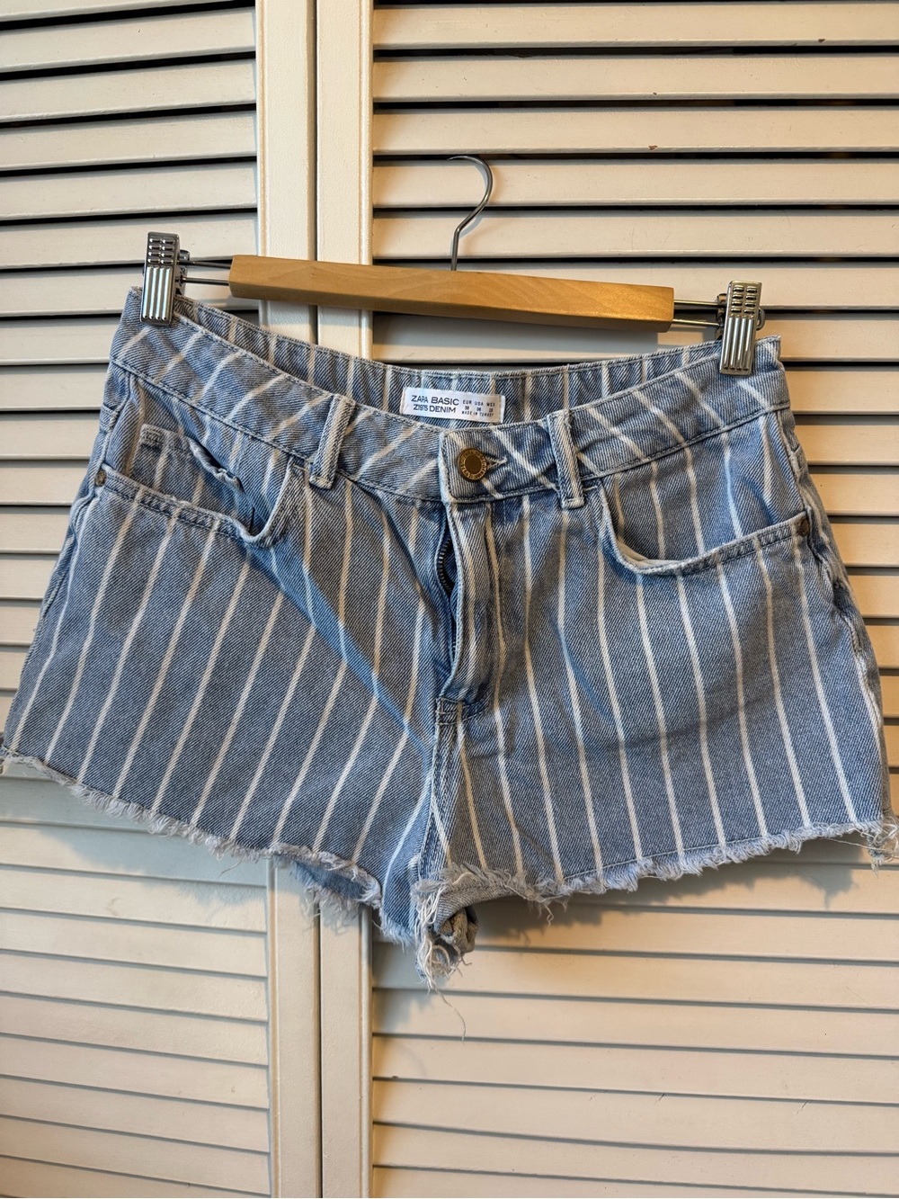 Zara Light Blue Vertical-Stripe Denim Cutoff Shorts